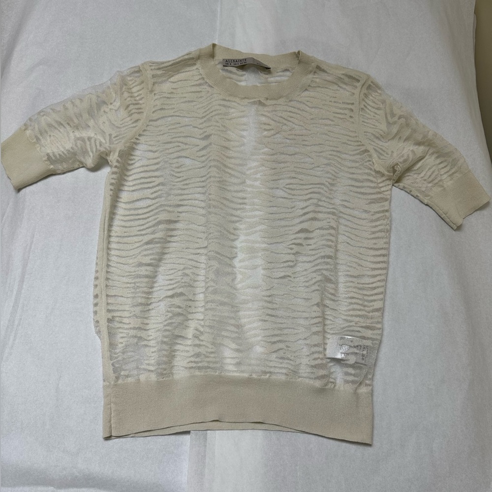 AllSaints Cream Short Sleeve Sheer Knit Top